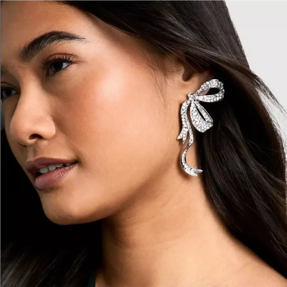 Anthropologie Silver Crystal Bow Ear Crawler Earrings